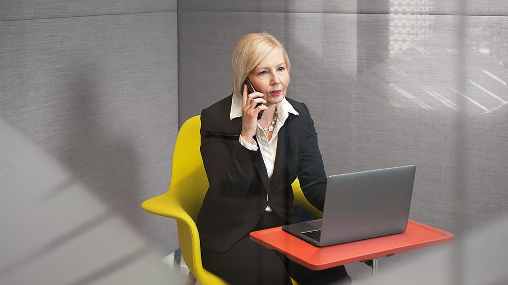 A woman at the computer is talking on the phone.