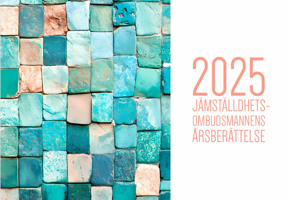 På bilden syns omslaget till jämställdhetsombudsmannens årsberättelse 2025, med ett motiv som föreställer en stenläggning i turkosa och persikofärgade nyanser.
